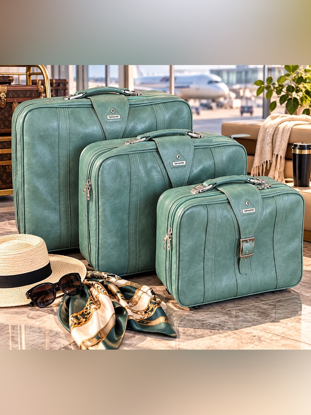 Vintage Samsonite 3-Piece Suitcase Set – Sage Green Retro Luggage